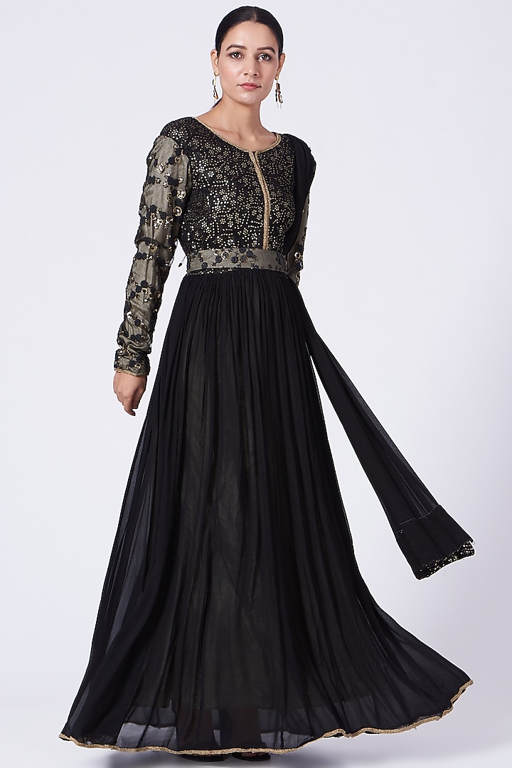 Black Sequins Embroidered Anarkali by Abhi Singh at Pernia's Pop Up Shop