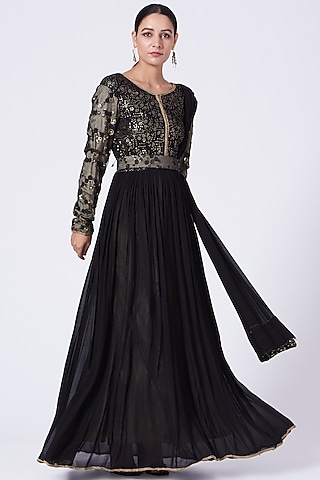 Black Sequins Embroidered Anarkali by Abhi Singh