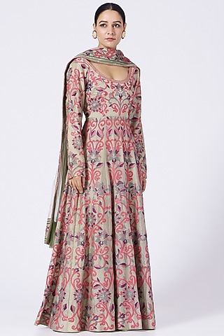 Nude Resham Embroidered Long Anarkali Set by Abhi Singh