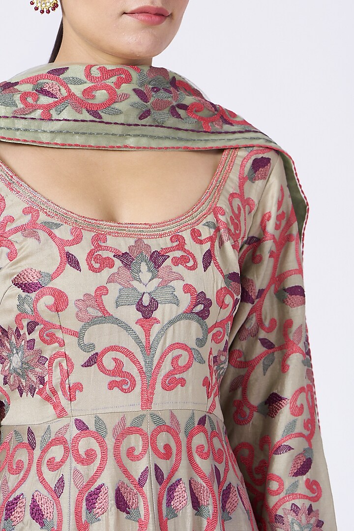 Nude Resham Embroidered Long Wedding Anarkali Set by Abhi Singh at Pernia's Pop Up Shop