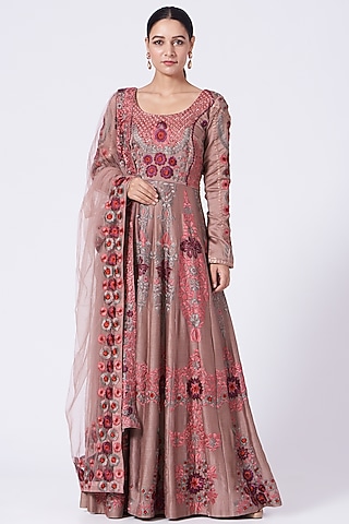 Nude Floral Motifs Embroidered Long Anarkali Set by Abhi Singh