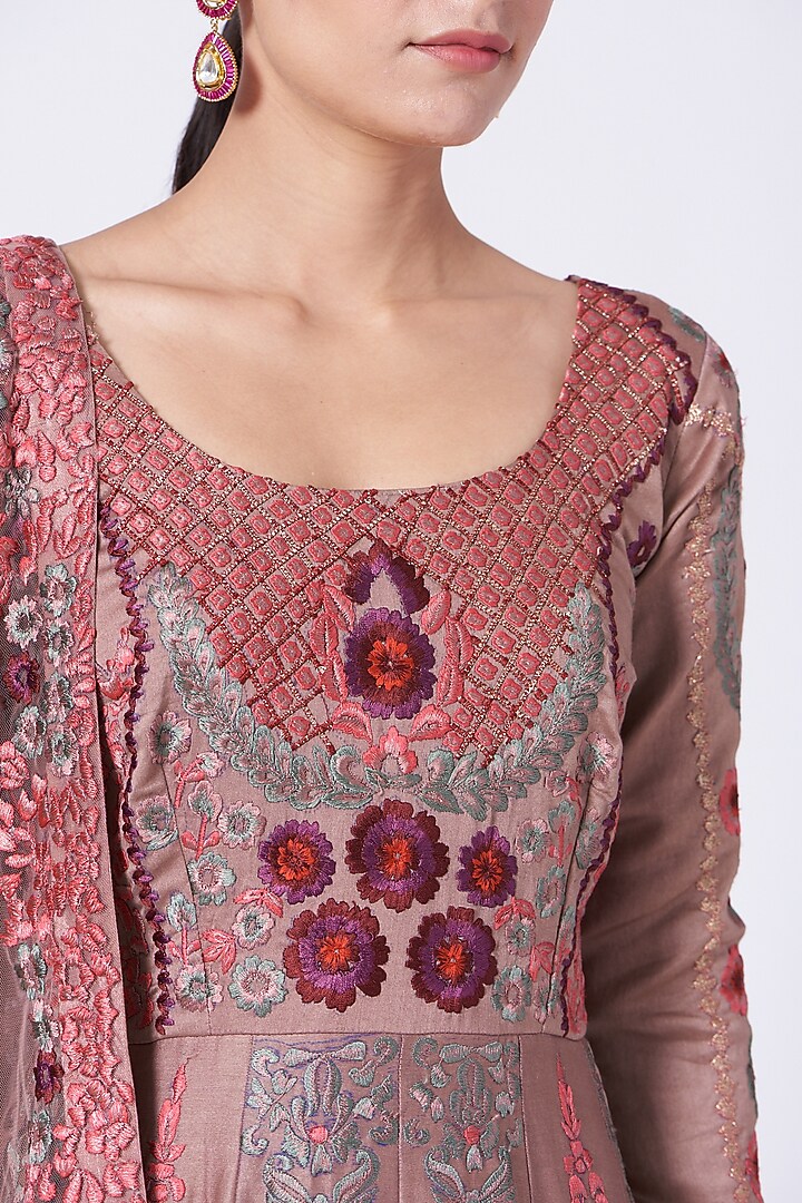 Nude Floral Motifs Embroidered Long Wedding Anarkali Set by Abhi Singh at Pernia's Pop Up Shop