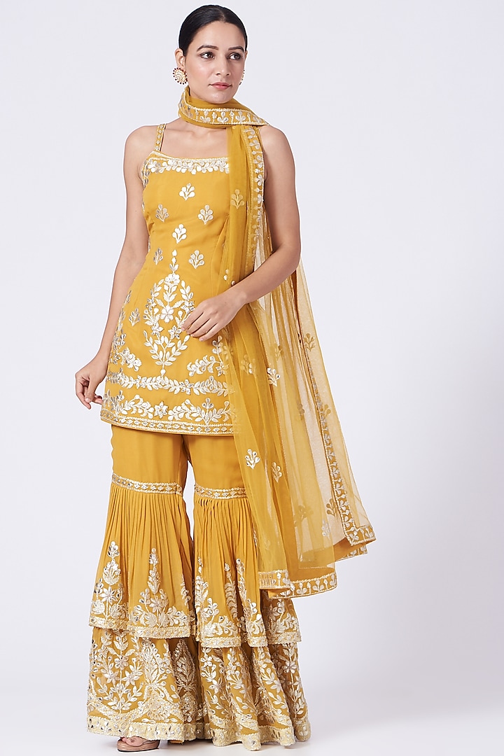 Yellow Gota Embroidered Layered Gharara Set by Abhi Singh