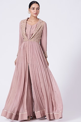 Blush Pink Embroidered Front-Open Anarkali Set by Abhi Singh