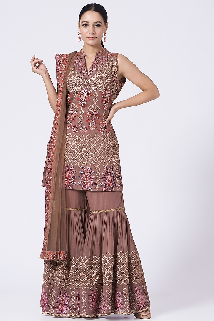 Brown Embroidered Pleated Gharara Set by Abhi Singh