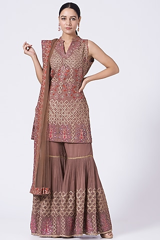 Brown Embroidered Pleated Gharara Set by Abhi Singh