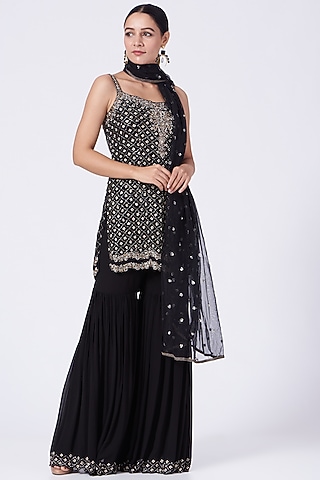 Black Hand Embroidered Pleated Gharara Set by Abhi Singh