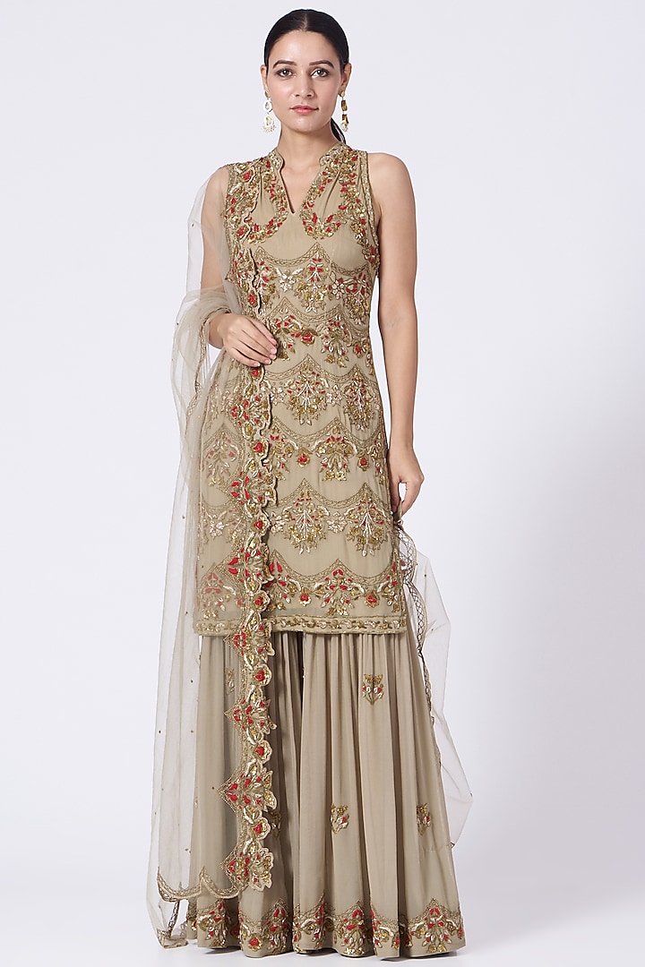 Nude Hand Embroidered Gharara Set by Abhi Singh at Pernia's Pop Up Shop