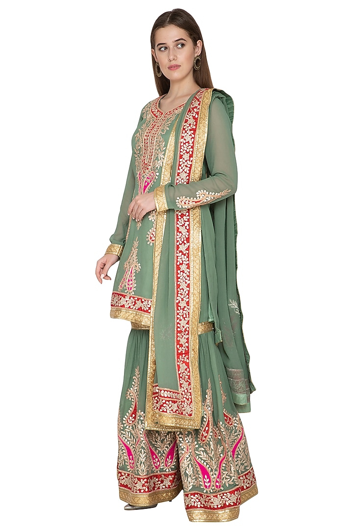 Moss Green Kurta Wedding Sharara Set by Abhi Singh at Pernia's Pop Up Shop