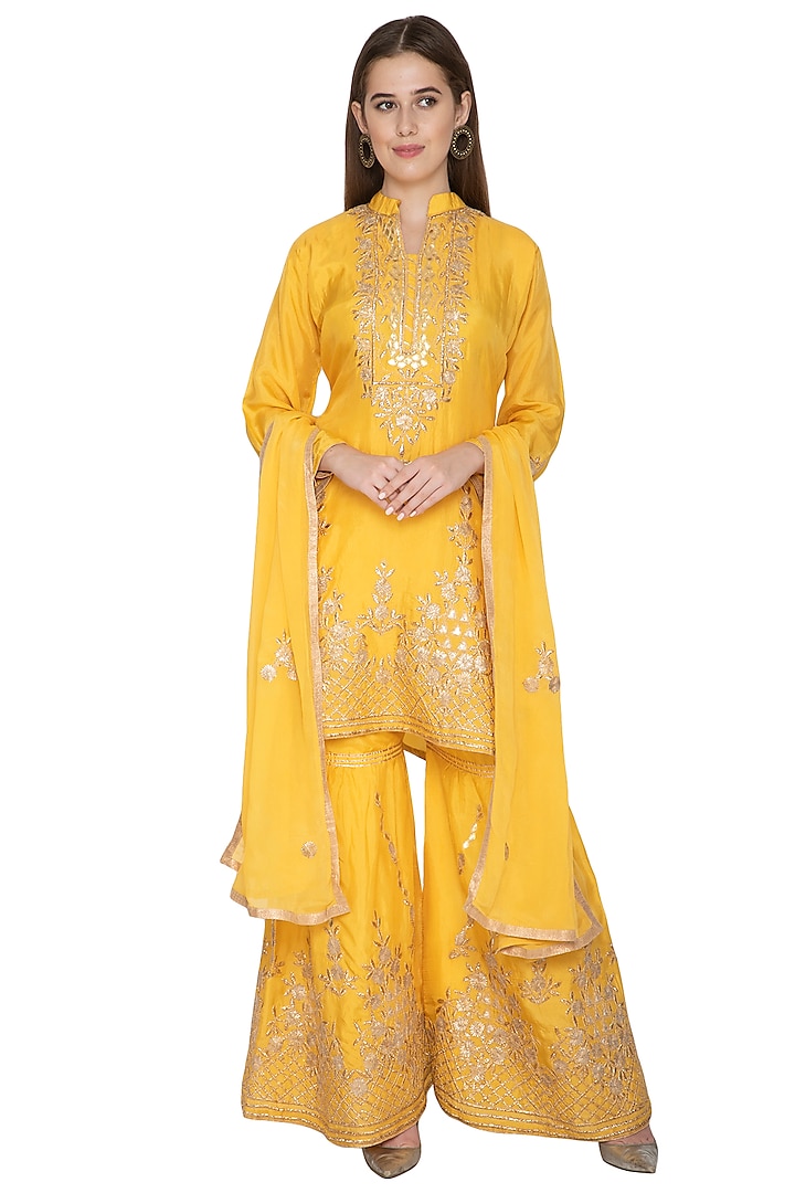 Yellow Silk Kurta Sharara Set by Abhi Singh