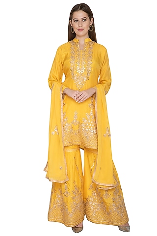 Yellow Silk Kurta Sharara Set by Abhi Singh