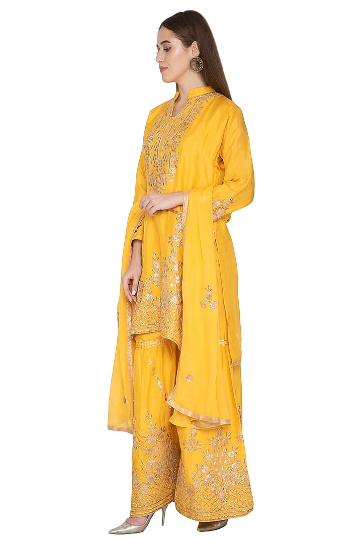 Yellow Silk Kurta Wedding Sharara Set by Abhi Singh at Pernia's Pop Up Shop