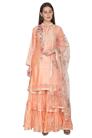 Peach Embroidered Kurta Sharara Set by Abhi Singh