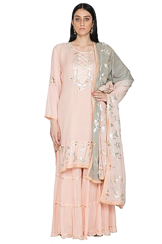 Peach Flared Kurta Sharara Set by Abhi Singh