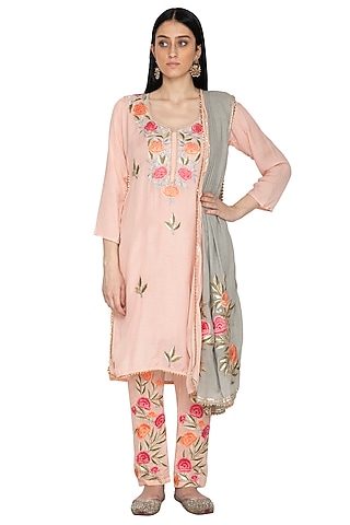 Peach Floral Resham Kurta Set by Abhi Singh