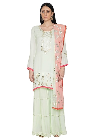 Sea Green Kurta Sharara Set With Two Tone Dupatta by Abhi Singh