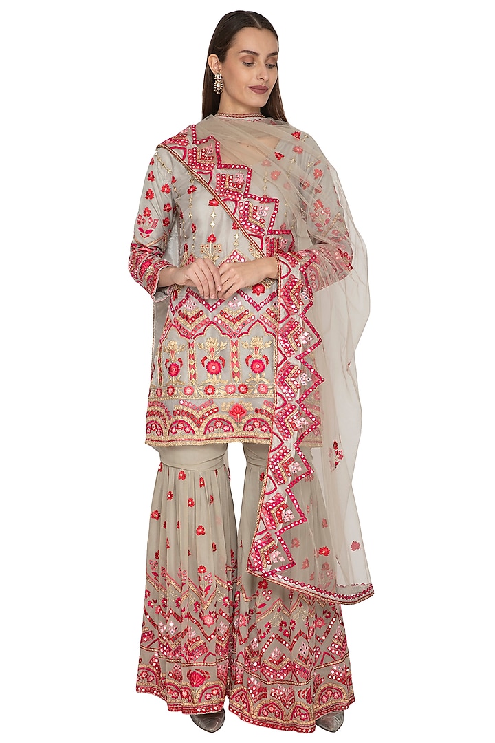 Grey Embroidered Gharara Set by Abhi Singh