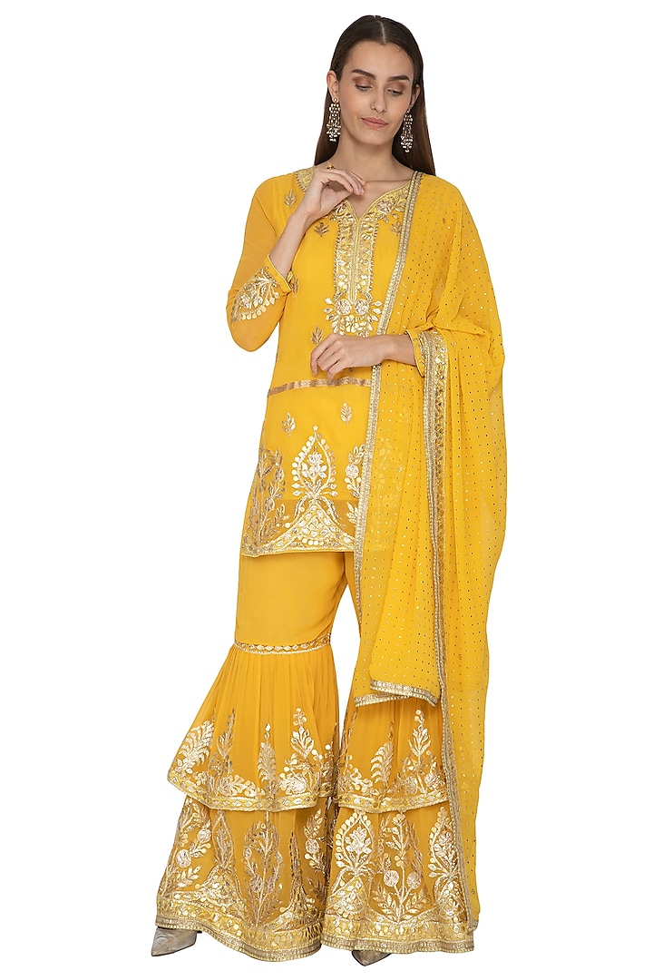 Yellow Double Layered Gharara Set by Abhi Singh