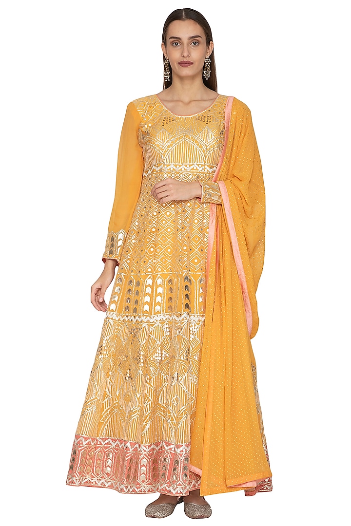Mustard Yellow Embroidered Anarkali With Dupatta by Abhi Singh
