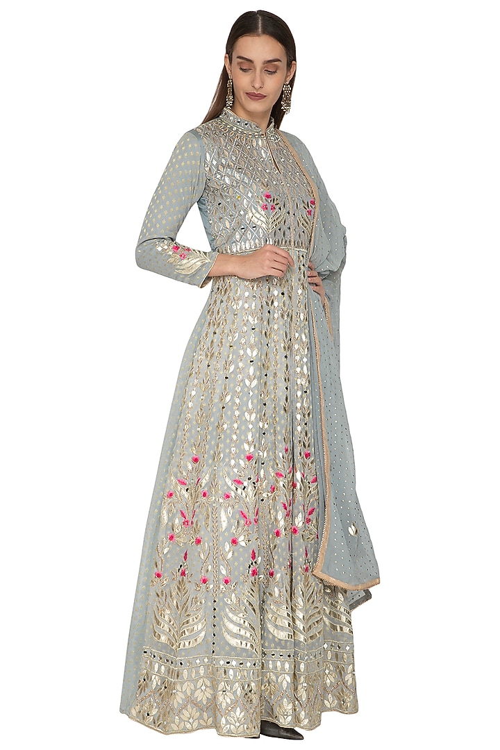 Grey Embroidered Wedding Anarkali With Dupatta by Abhi Singh at Pernia's Pop Up Shop