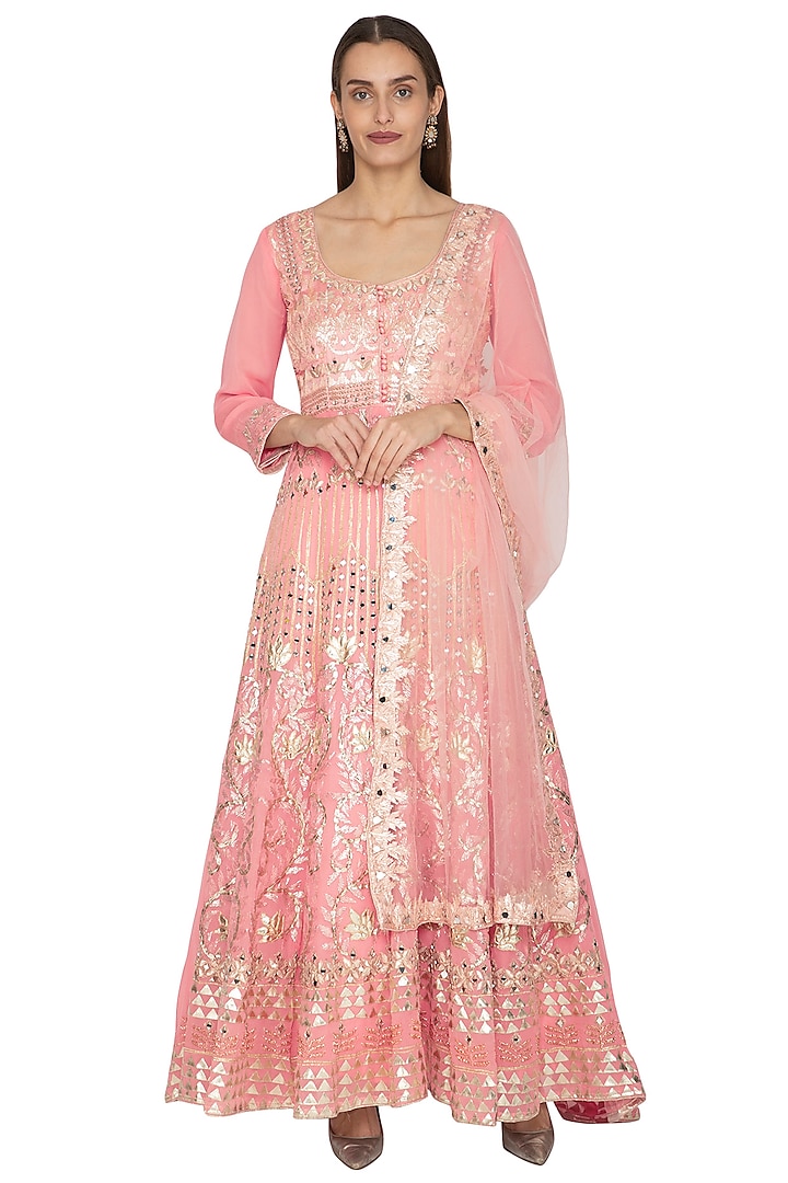 Soft Pink Embroidered Anarkali With Dupatta by Abhi Singh