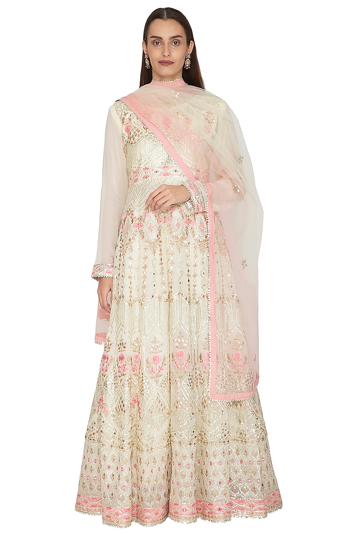 Off White Embroidered Wedding Anarkali With Dupatta by Abhi Singh at Pernia's Pop Up Shop