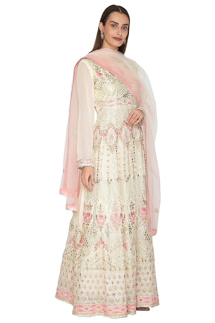 Off White Embroidered Wedding Anarkali With Dupatta by Abhi Singh at Pernia's Pop Up Shop