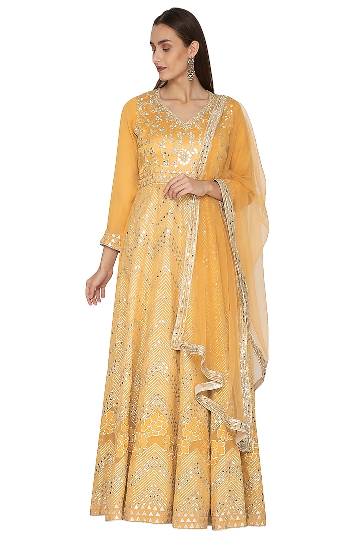 Yellow Embellished Anarkali With Dupatta by Abhi Singh