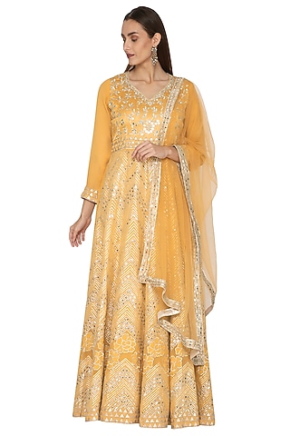 Yellow Embellished Anarkali With Dupatta by Abhi Singh
