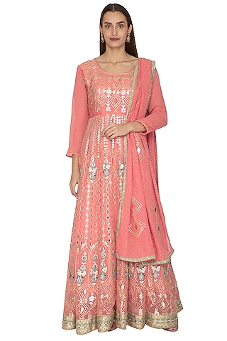 Peach Pink Embroidered Anarkali With Dupatta by Abhi Singh