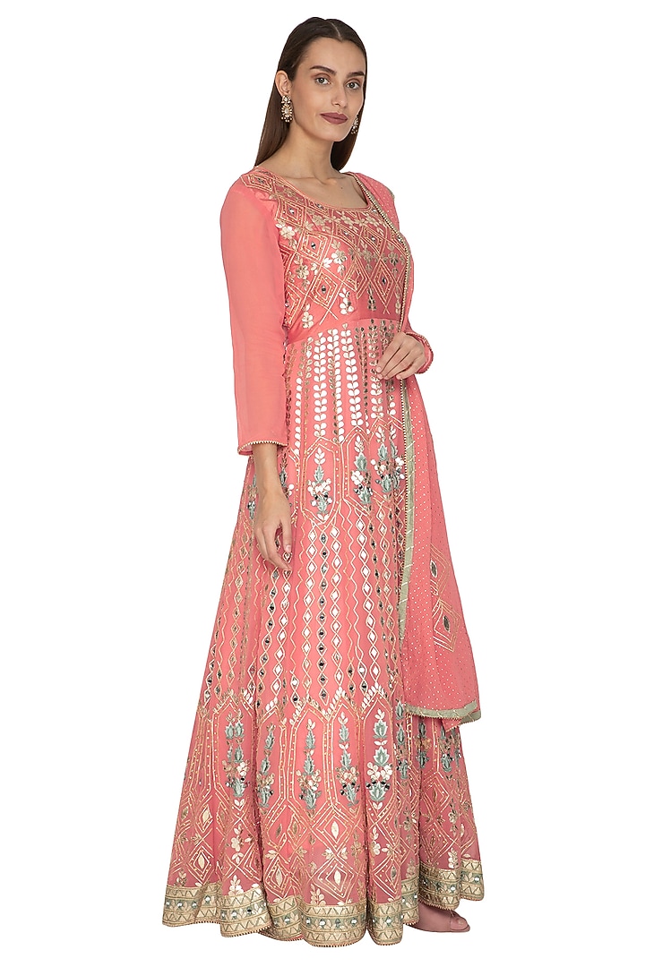 Peach Pink Embroidered Wedding Anarkali With Dupatta by Abhi Singh at Pernia's Pop Up Shop