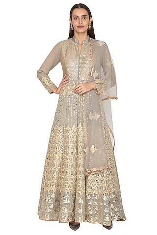 Grey Embroidered Georgette Anarkali With Dupatta by Abhi Singh