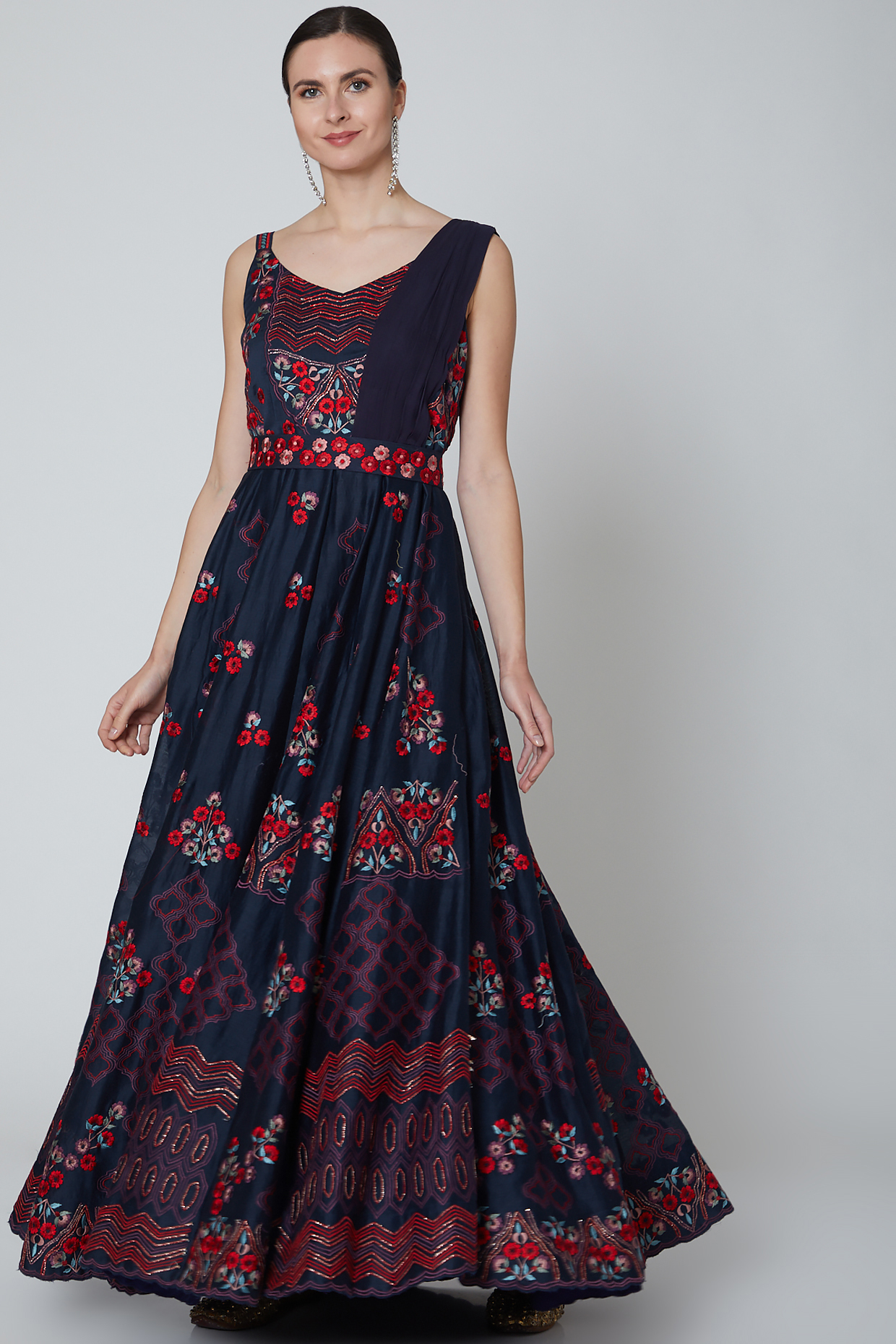 Cobalt Blue Embroidered Wedding Anarkali With Draped Dupatta by Abhi Singh at Pernia's Pop Up Shop