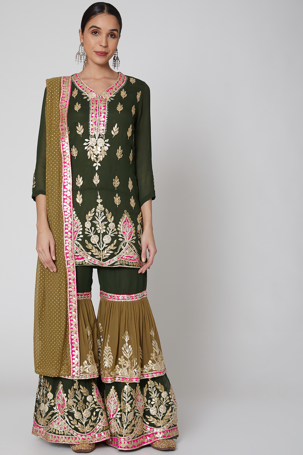 Mehandi Green Embroidered Gharara Set by Abhi Singh at Pernia's Pop Up Shop
