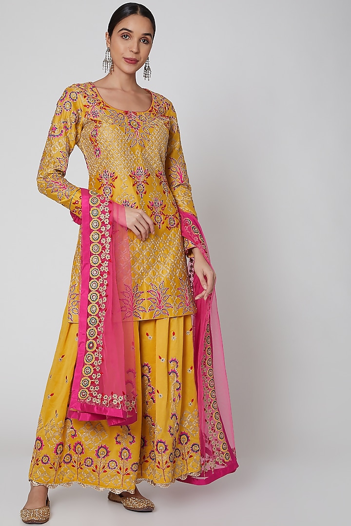 Yellow & Pink Embroidered Gharara Set by Abhi Singh