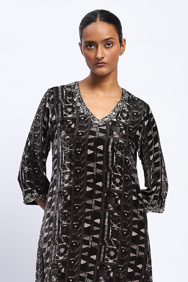Black & Ivory Velvet Sequins Embroidered Vacation Dress by Abraham & Thakore at Pernia's Pop Up Shop