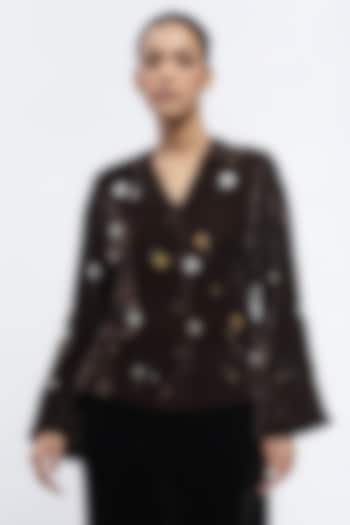 Black Silk Velvet Sequins Embroidered Jacket by Abraham & Thakore at Pernia's Pop Up Shop