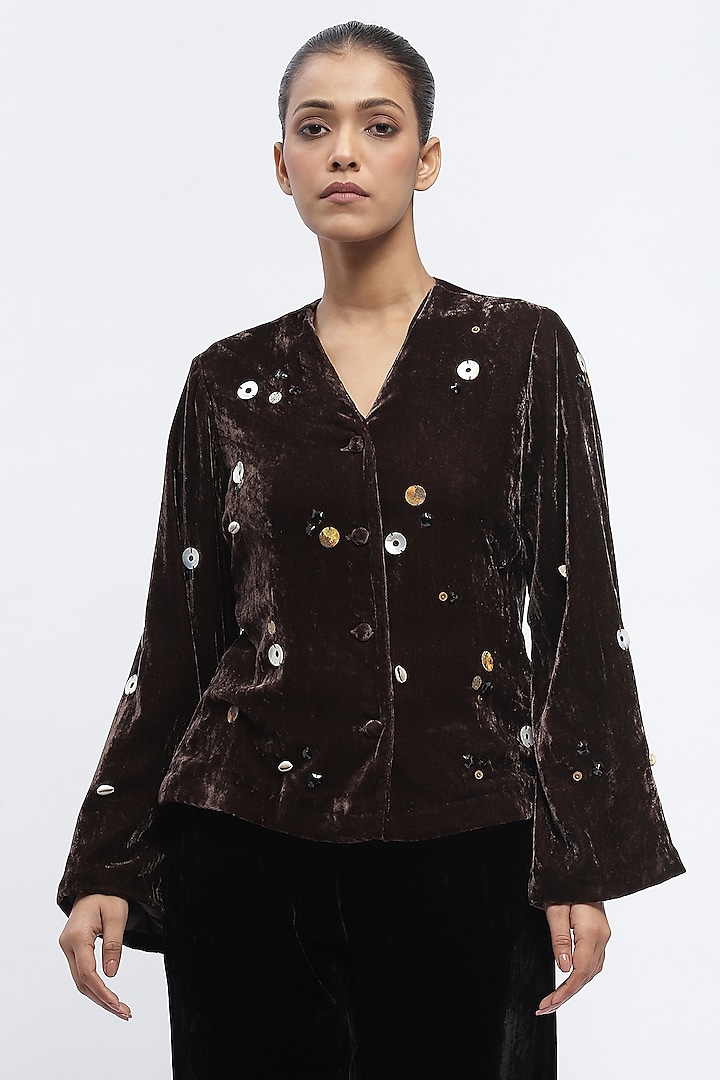 Black Silk Velvet Sequins Embroidered Jacket by Abraham & Thakore at Pernia's Pop Up Shop