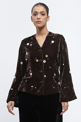 Black Silk Velvet Sequins Embroidered Jacket by Abraham & Thakore