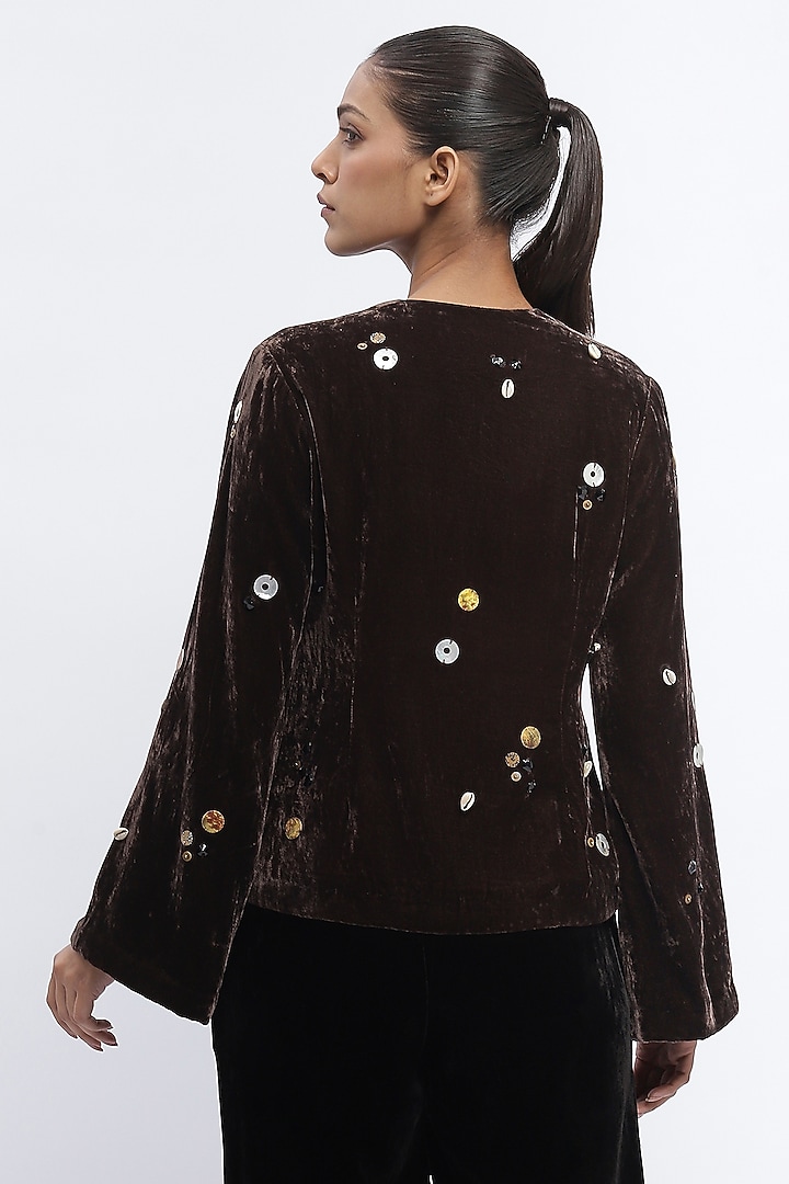 Black Silk Velvet Sequins Embroidered Jacket by Abraham & Thakore at Pernia's Pop Up Shop