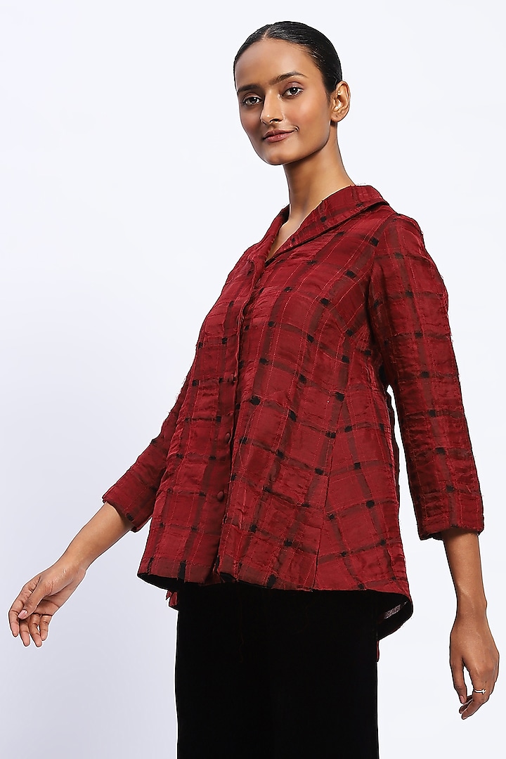 Red Silk & Organza Applique Embroidered Jacket by Abraham & Thakore at Pernia's Pop Up Shop