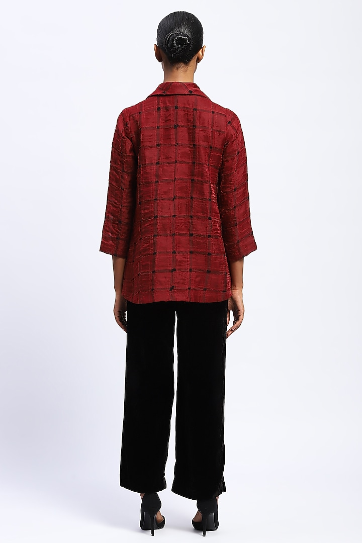 Red Silk & Organza Applique Embroidered Jacket by Abraham & Thakore at Pernia's Pop Up Shop