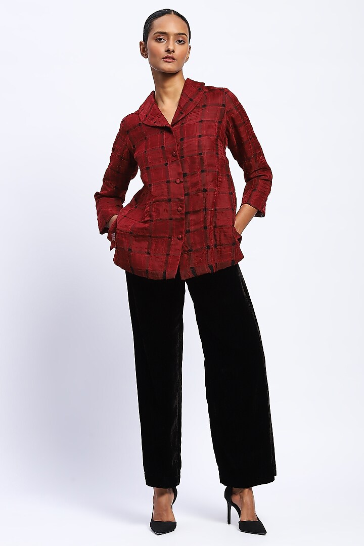 Red Silk & Organza Applique Embroidered Jacket by Abraham & Thakore at Pernia's Pop Up Shop