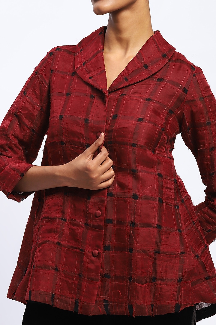 Red Silk & Organza Applique Embroidered Jacket by Abraham & Thakore at Pernia's Pop Up Shop