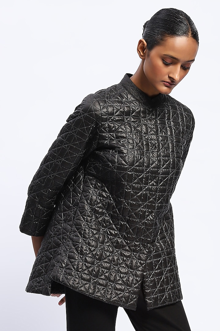 Black Nylon & Soft Cotton Weave Quilted Jacket by Abraham & Thakore at Pernia's Pop Up Shop