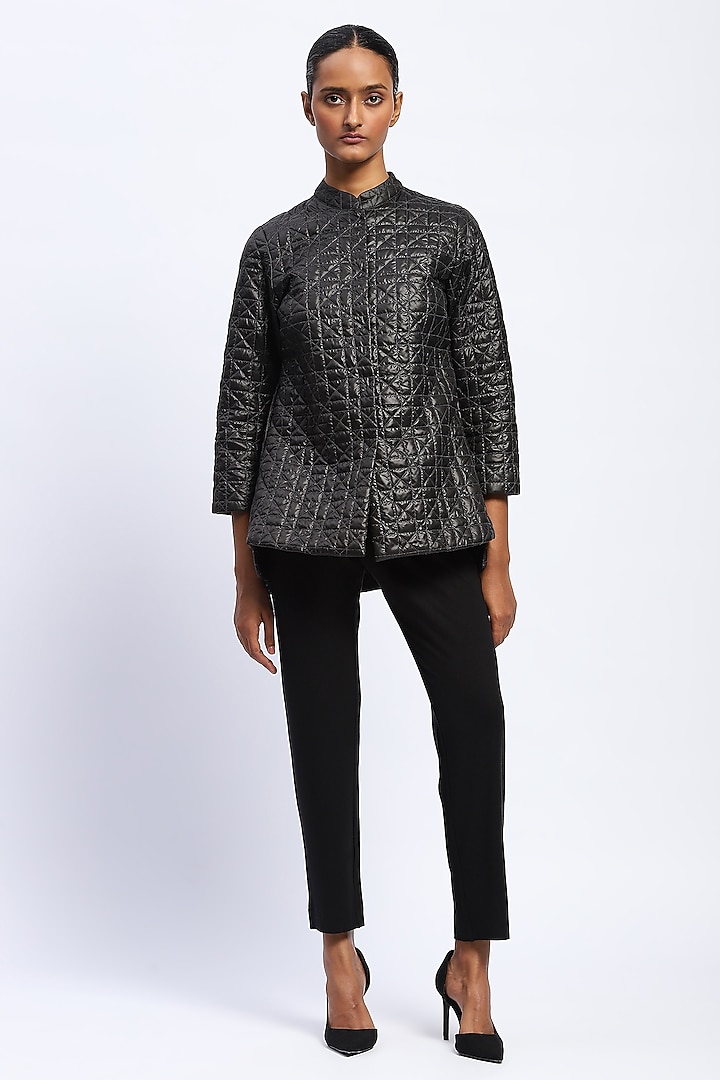 Black Nylon & Soft Cotton Weave Quilted Jacket by Abraham & Thakore at Pernia's Pop Up Shop