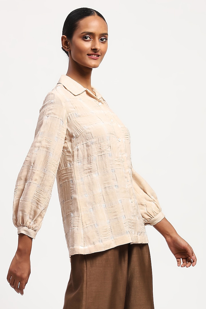 Beige Silk & Organza Stripe Shirt by Abraham & Thakore at Pernia's Pop Up Shop