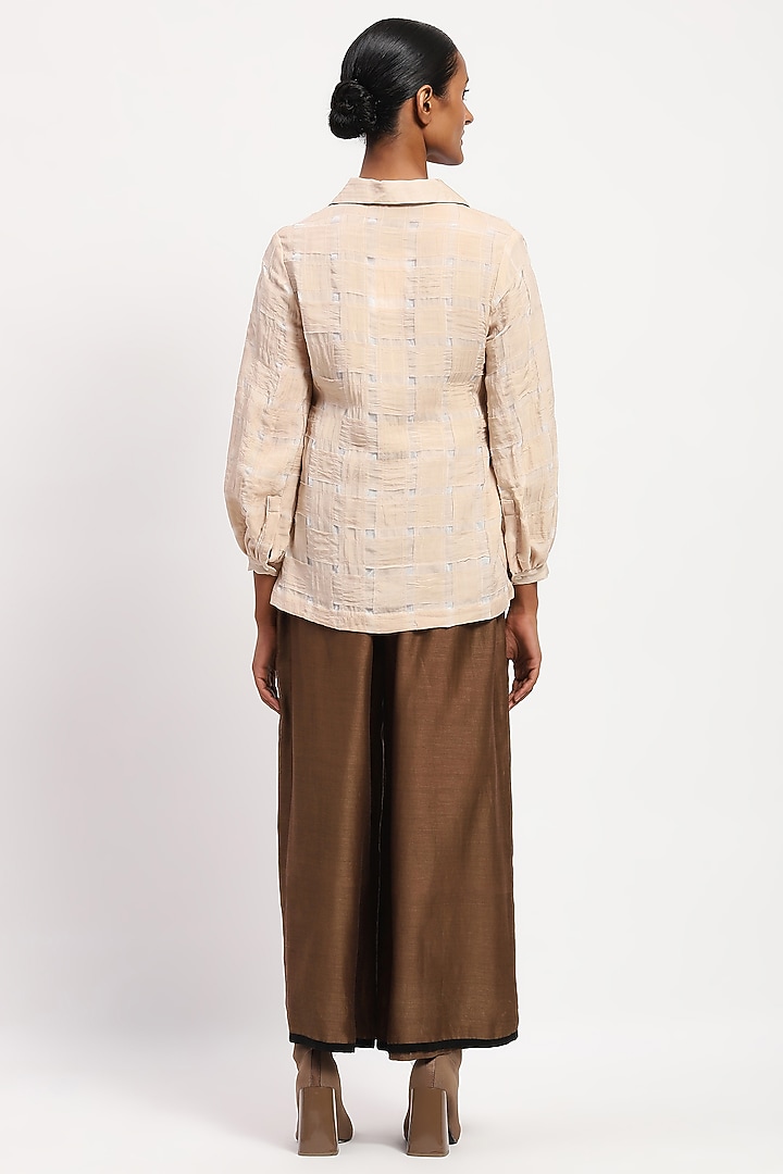 Beige Silk & Organza Stripe Shirt by Abraham & Thakore at Pernia's Pop Up Shop