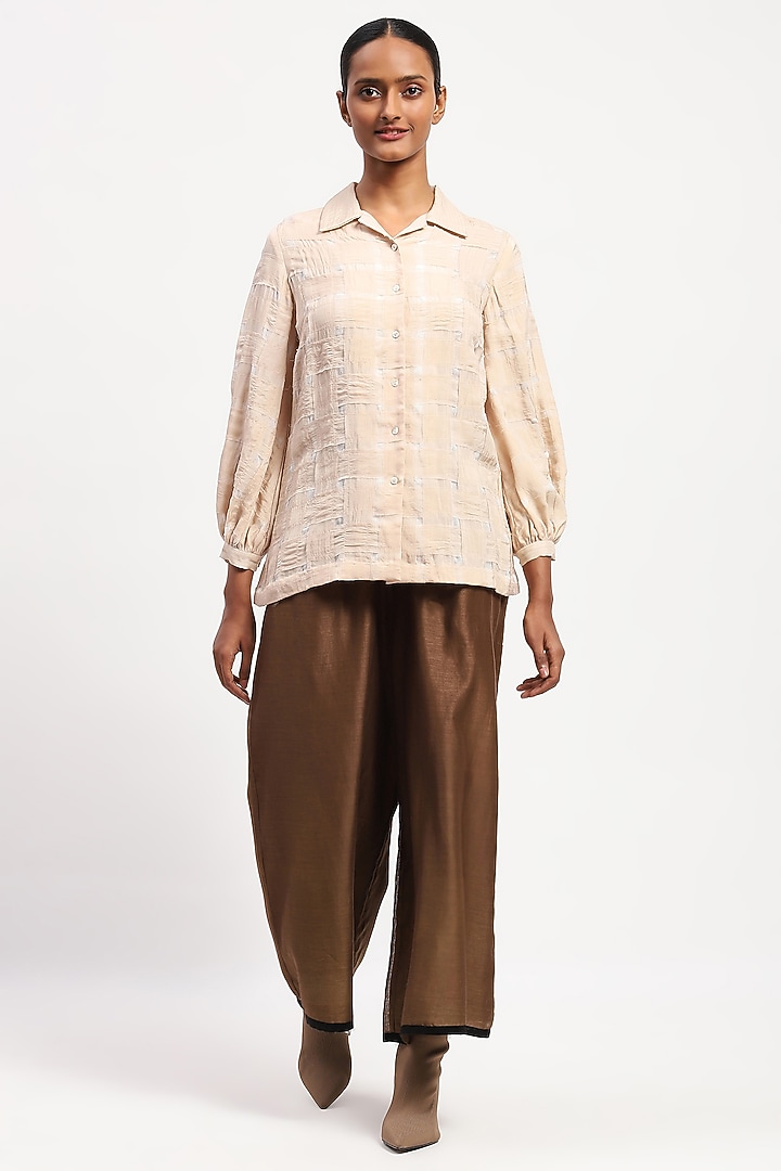 Beige Silk & Organza Stripe Shirt by Abraham & Thakore at Pernia's Pop Up Shop