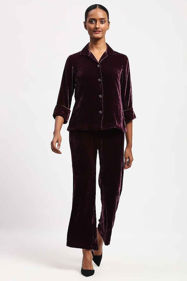 Aubergine Silk Velvet Shirt by Abraham & Thakore at Pernia's Pop Up Shop